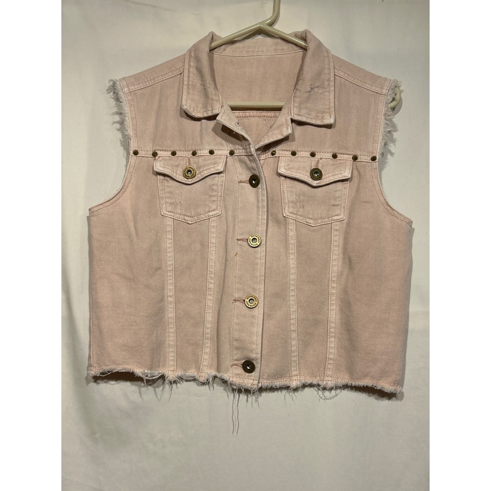 Pink Studded Denim Trucker Vest Raw Hem Sleeveless Y2205PNK M Anna-Kaci
